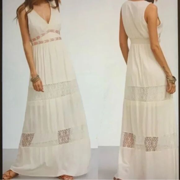 Flying Tomato Dresses & Skirts - Flying Tomato Cream Empire Waist Maxi Dress with Lace, Size L